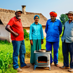 Rural Energy Transition**

"A group of fully clothed farmers gathered around a demonstrator showing a new energy-efficient stove in a rural village. Modest clothing, appropriate attire. Background: Traditional homes, green fields. Safe for work, family-friendly, perfect anatomy, correct proportions, natural pose, professional photography, high quality."

**