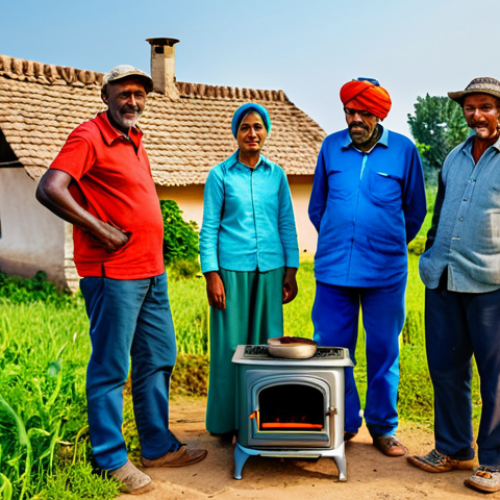 Rural Energy Transition**

"A group of fully clothed farmers gathered around a demonstrator showing a new energy-efficient stove in a rural village. Modest clothing, appropriate attire. Background: Traditional homes, green fields. Safe for work, family-friendly, perfect anatomy, correct proportions, natural pose, professional photography, high quality."

**