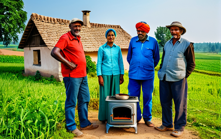 Rural Energy Transition**

"A group of fully clothed farmers gathered around a demonstrator showing a new energy-efficient stove in a rural village. Modest clothing, appropriate attire. Background: Traditional homes, green fields. Safe for work, family-friendly, perfect anatomy, correct proportions, natural pose, professional photography, high quality."

**