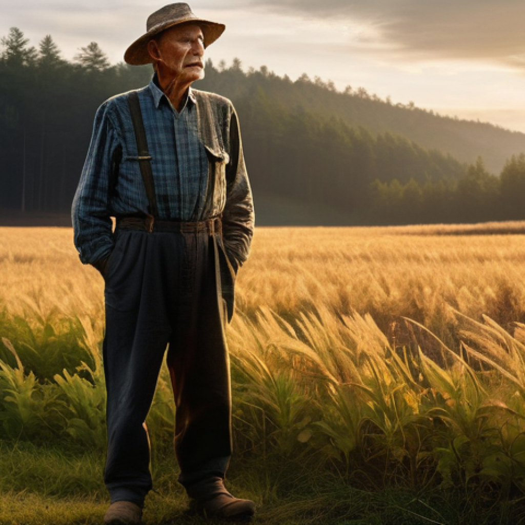 환경보호 실무의 윤리적 문제 해결 - **Prompt:** An elderly, weathered farmer, wearing a worn but clean long-sleeved shirt and sturdy tro...