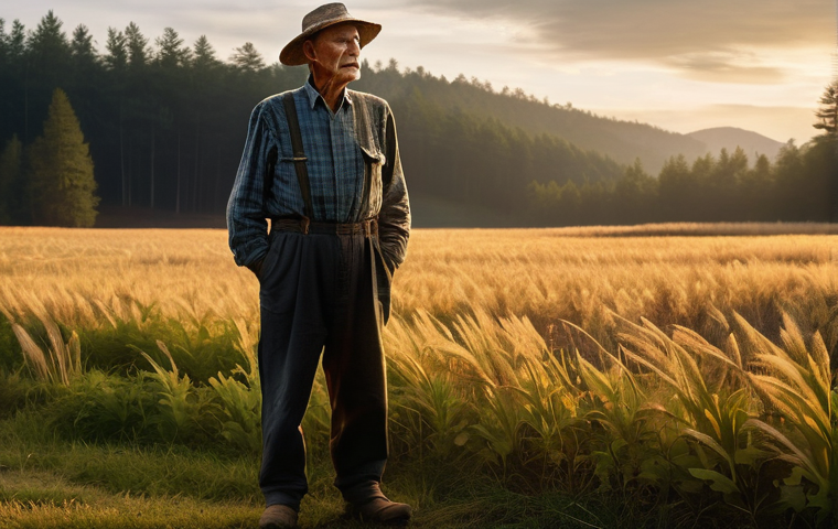 환경보호 실무의 윤리적 문제 해결 - **Prompt:** An elderly, weathered farmer, wearing a worn but clean long-sleeved shirt and sturdy tro...