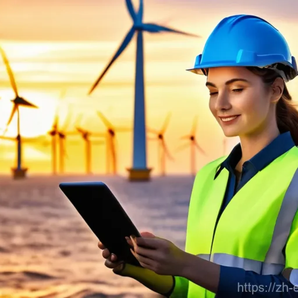 환경보호 직종과 산업별 연봉 비교 - **Prompt:** A cheerful, mid-20s female renewable energy engineer, wearing a safety helmet and practi...