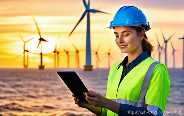 환경보호 직종과 산업별 연봉 비교 - **Prompt:** A cheerful, mid-20s female renewable energy engineer, wearing a safety helmet and practi...