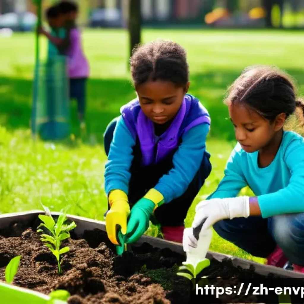 환경보호 관련 산업 변화와 전망 - **Prompt:** A group of children (ages 6-10) are planting trees in a sunny park as a community servic...