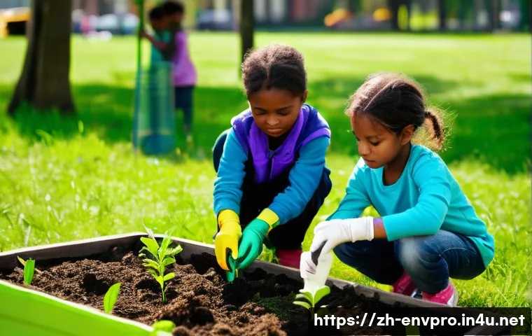 환경보호 관련 산업 변화와 전망 - **Prompt:** A group of children (ages 6-10) are planting trees in a sunny park as a community servic...