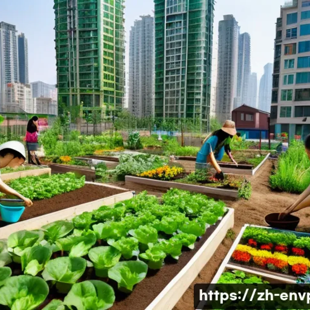 환경보호 활동 사례 분석 - A vibrant community garden in a modern Chinese urban neighborhood, featuring diverse colorful flower...