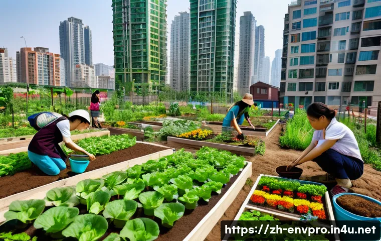 환경보호 활동 사례 분석 - A vibrant community garden in a modern Chinese urban neighborhood, featuring diverse colorful flower...