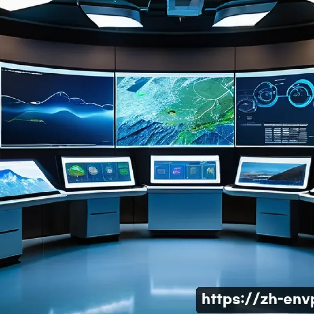 환경보호 직무와 빅데이터 활용 - A futuristic environmental monitoring control room filled with large interactive digital screens dis...