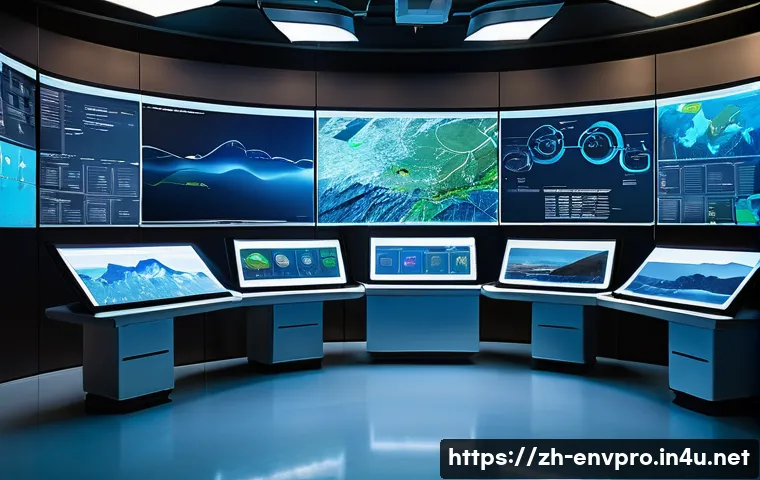 환경보호 직무와 빅데이터 활용 - A futuristic environmental monitoring control room filled with large interactive digital screens dis...