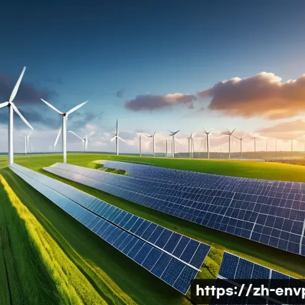 환경보호 정책 분석 - A modern clean energy wind farm at sunrise with numerous white wind turbines spinning gently on a gr...