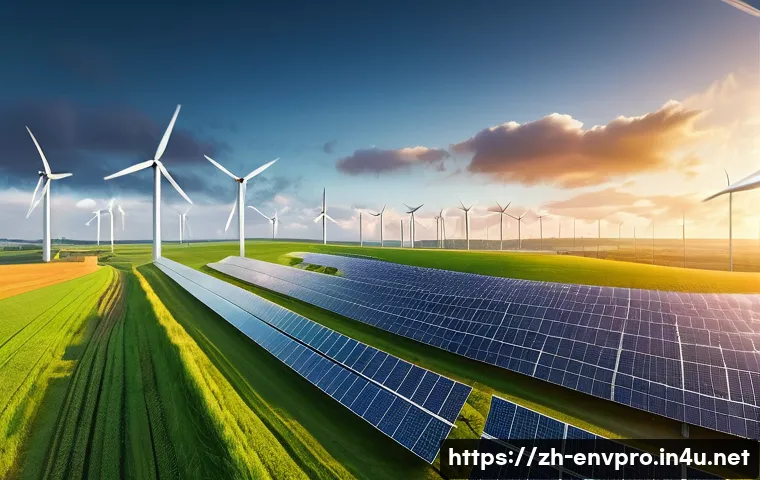 환경보호 정책 분석 - A modern clean energy wind farm at sunrise with numerous white wind turbines spinning gently on a gr...