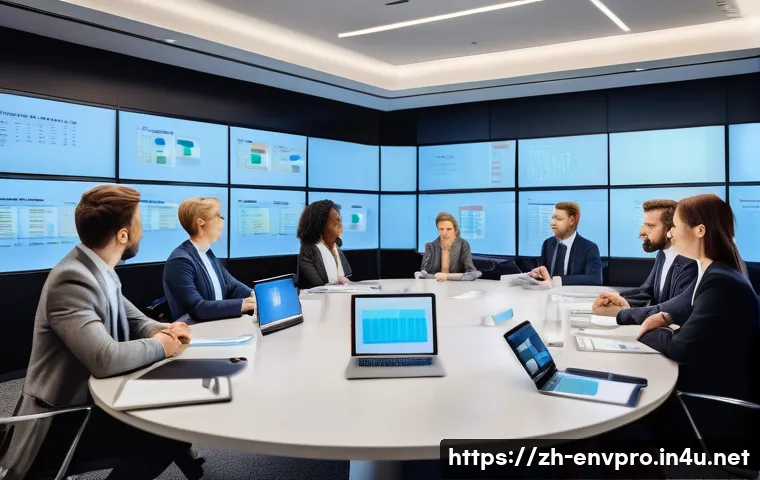 환경보호 전문가의 회의록 작성 팁 - A modern conference room scene showing a diverse team of environmental experts seated around a large...