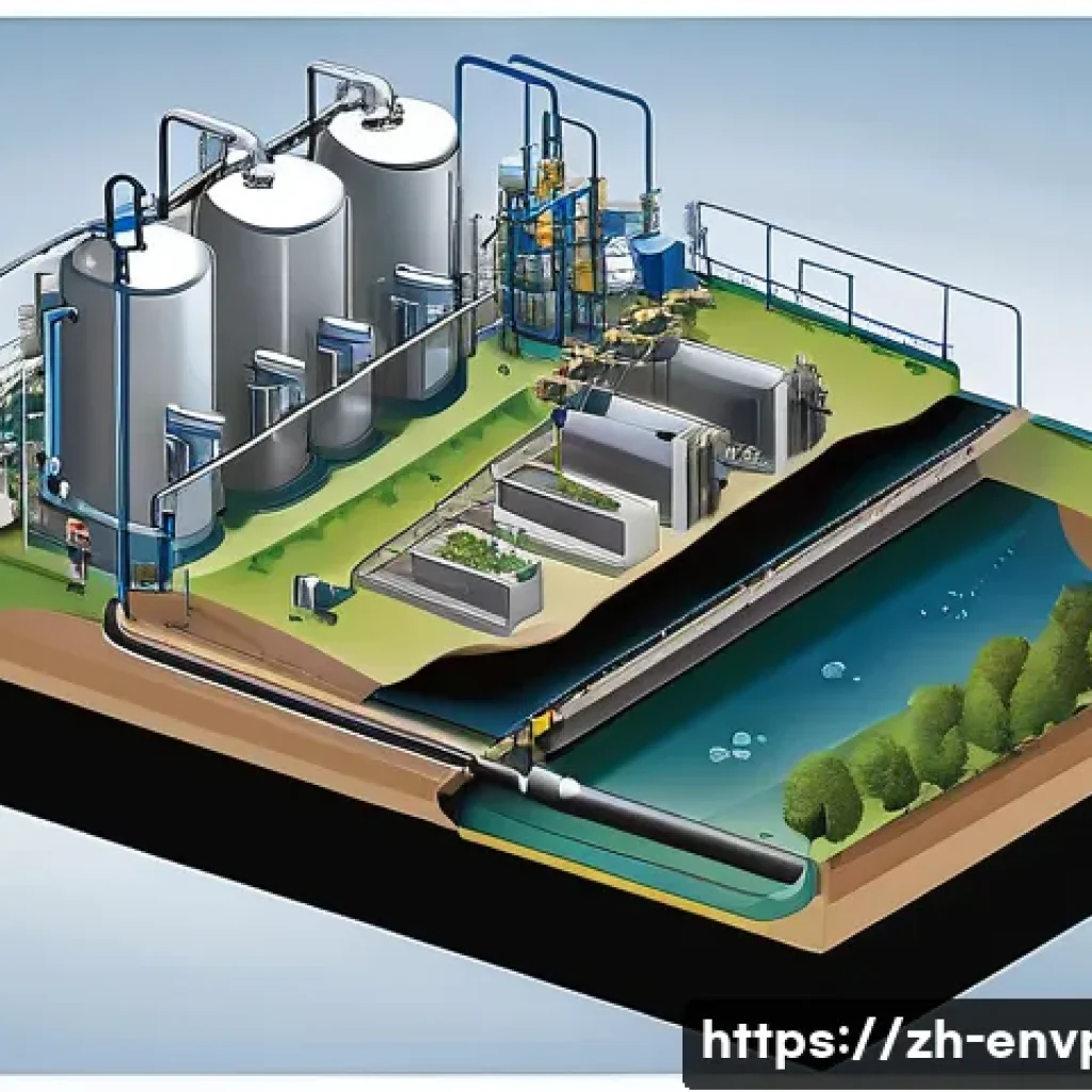 환경공학 필수 이론 - A detailed cross-sectional illustration of a modern wastewater treatment plant focusing on physical,...