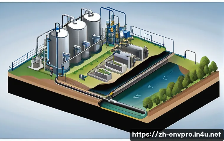 환경공학 필수 이론 - A detailed cross-sectional illustration of a modern wastewater treatment plant focusing on physical,...