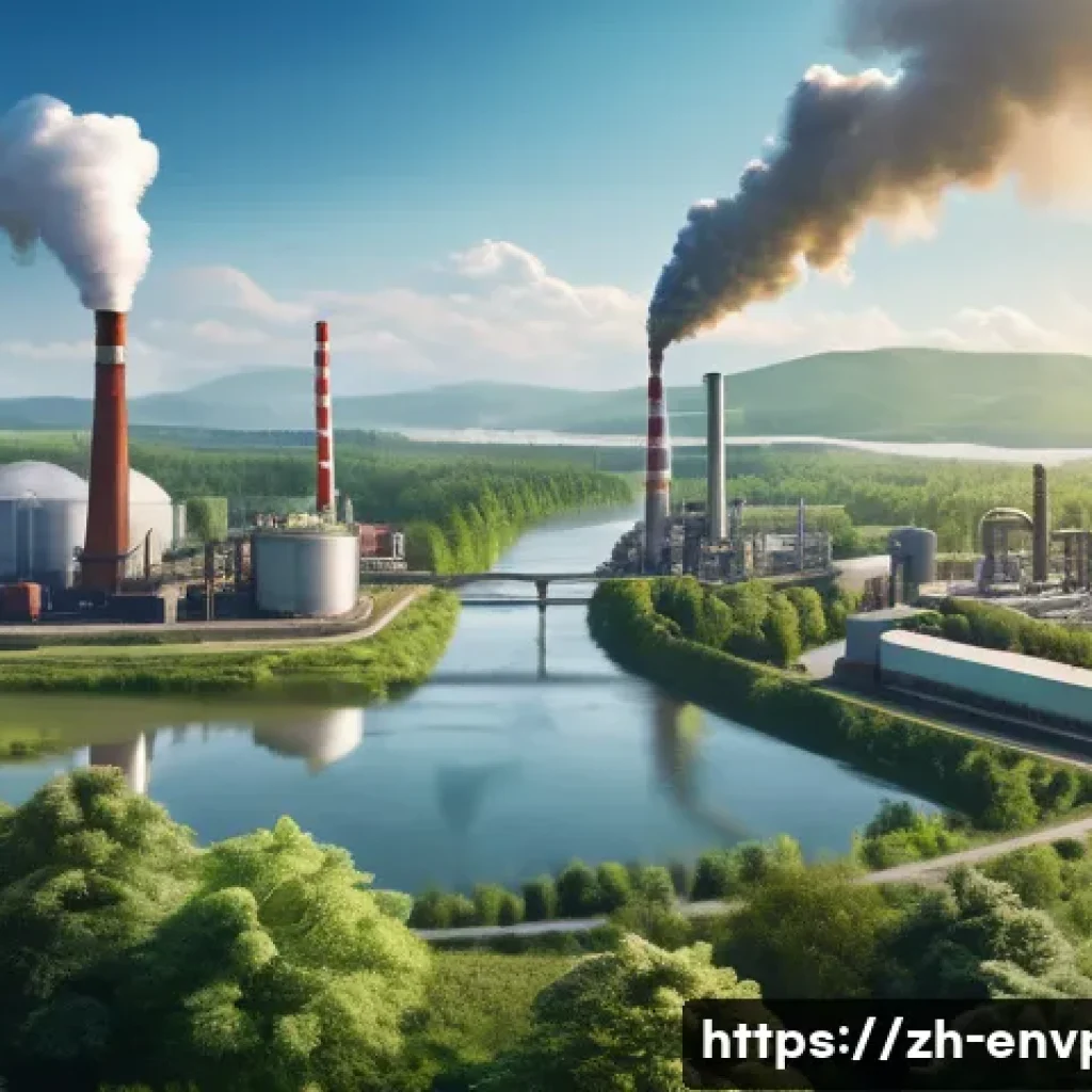 환경보호 관련 윤리적 딜레마 사례 - A detailed scene of a modern industrial city balancing economic growth and environmental protection:...