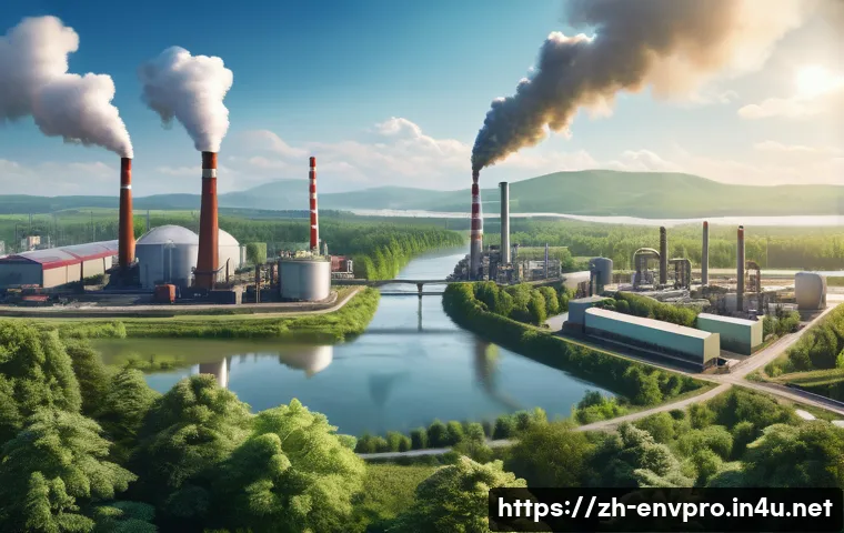 환경보호 관련 윤리적 딜레마 사례 - A detailed scene of a modern industrial city balancing economic growth and environmental protection:...