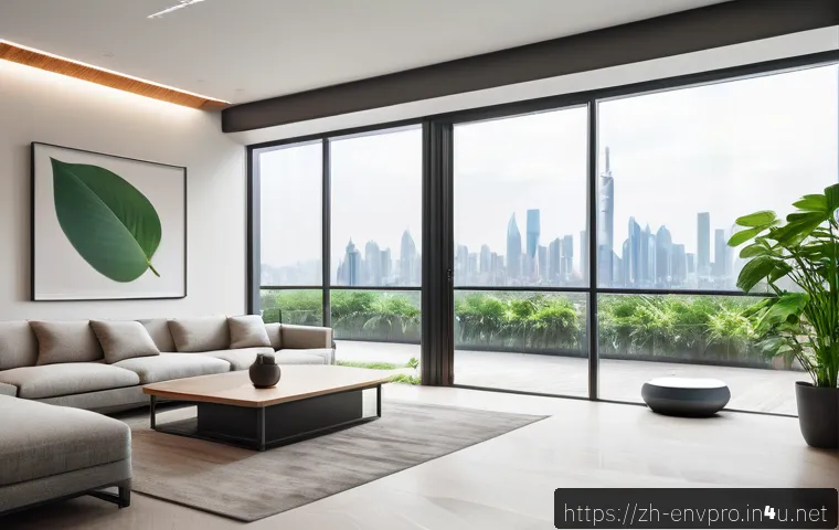 환경보호 기술과 지속 가능한 개발 목표 - A modern smart home interior featuring an advanced air purifier with built-in sensors displaying rea...