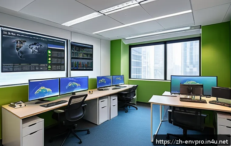 환경보호전문가의 연구 데이터 관리법 - A modern office environment where a diverse team of Chinese researchers collaborates on environmenta...