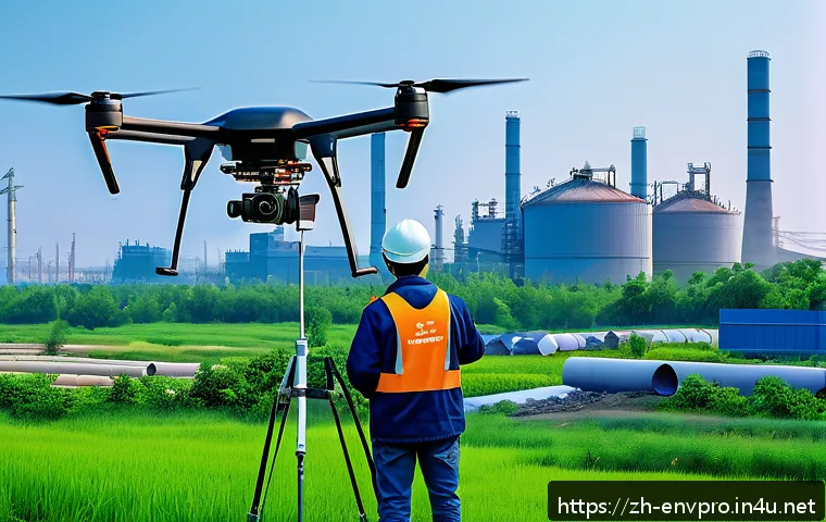 환경보호 직무 중점 과목 - A detailed modern environmental monitoring scene showing a professional technician operating a high-...