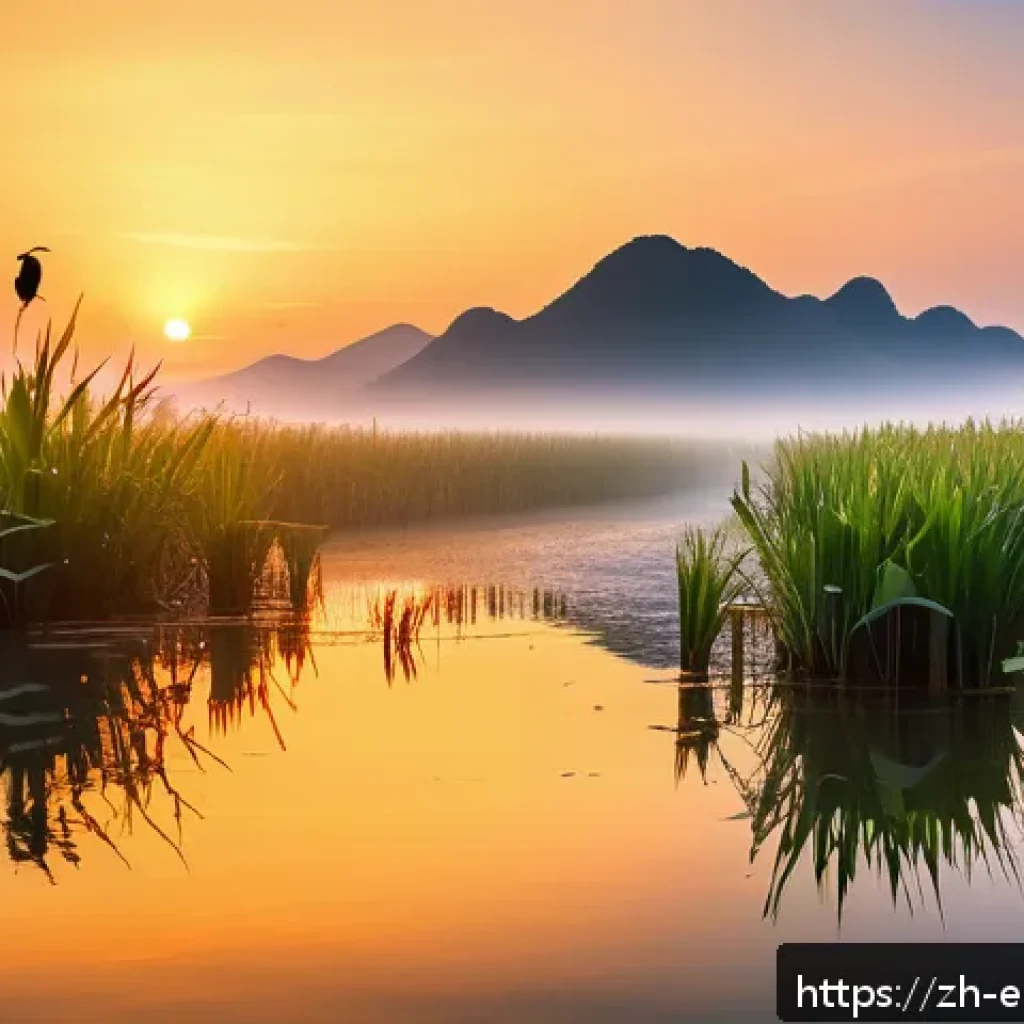 환경보호전문가의 필수 책 - A serene, lush wetland ecosystem at sunrise, showcasing diverse flora and fauna including vibrant wi...