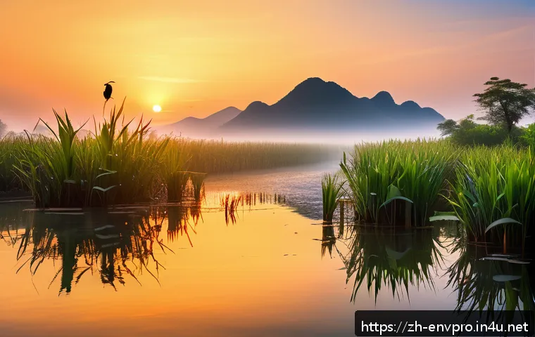 환경보호전문가의 필수 책 - A serene, lush wetland ecosystem at sunrise, showcasing diverse flora and fauna including vibrant wi...