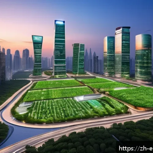 환경보호 직무와 네트워킹 기술 - A futuristic smart cityscape at dusk featuring green skyscrapers with integrated intelligent buildin...
