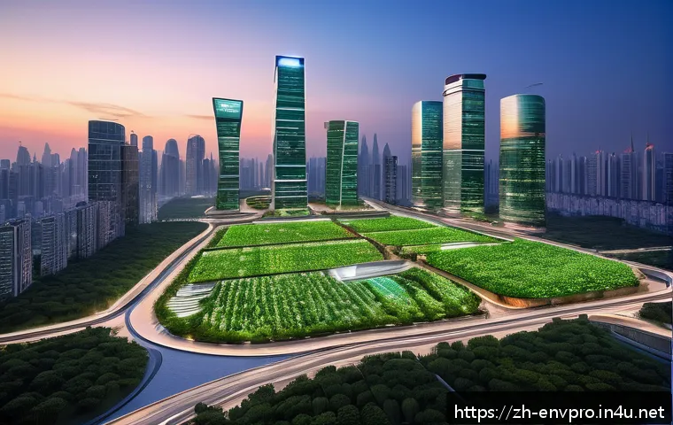 환경보호 직무와 네트워킹 기술 - A futuristic smart cityscape at dusk featuring green skyscrapers with integrated intelligent buildin...