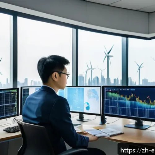 환경보호전문가 학습 계획 - A detailed scene of an environmental data analyst working in a modern office filled with multiple co...
