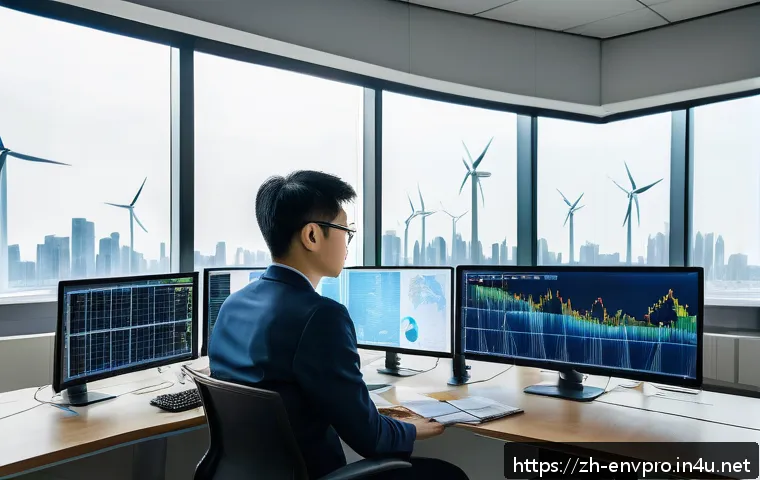 환경보호전문가 학습 계획 - A detailed scene of an environmental data analyst working in a modern office filled with multiple co...