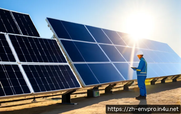 환경보호 기술과 혁신 사례 - Photorealistic modern solar innovation scene, a clean solar farm with tilting bifacial panels beside...
